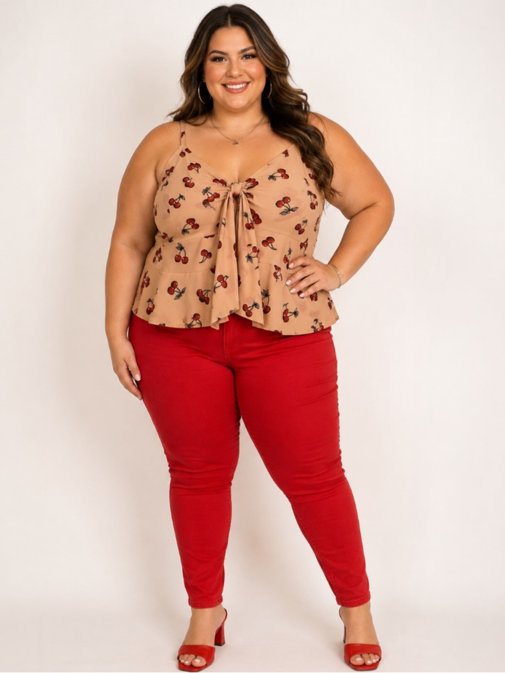Pink  Cherry-Print Tie-Front Cami Top